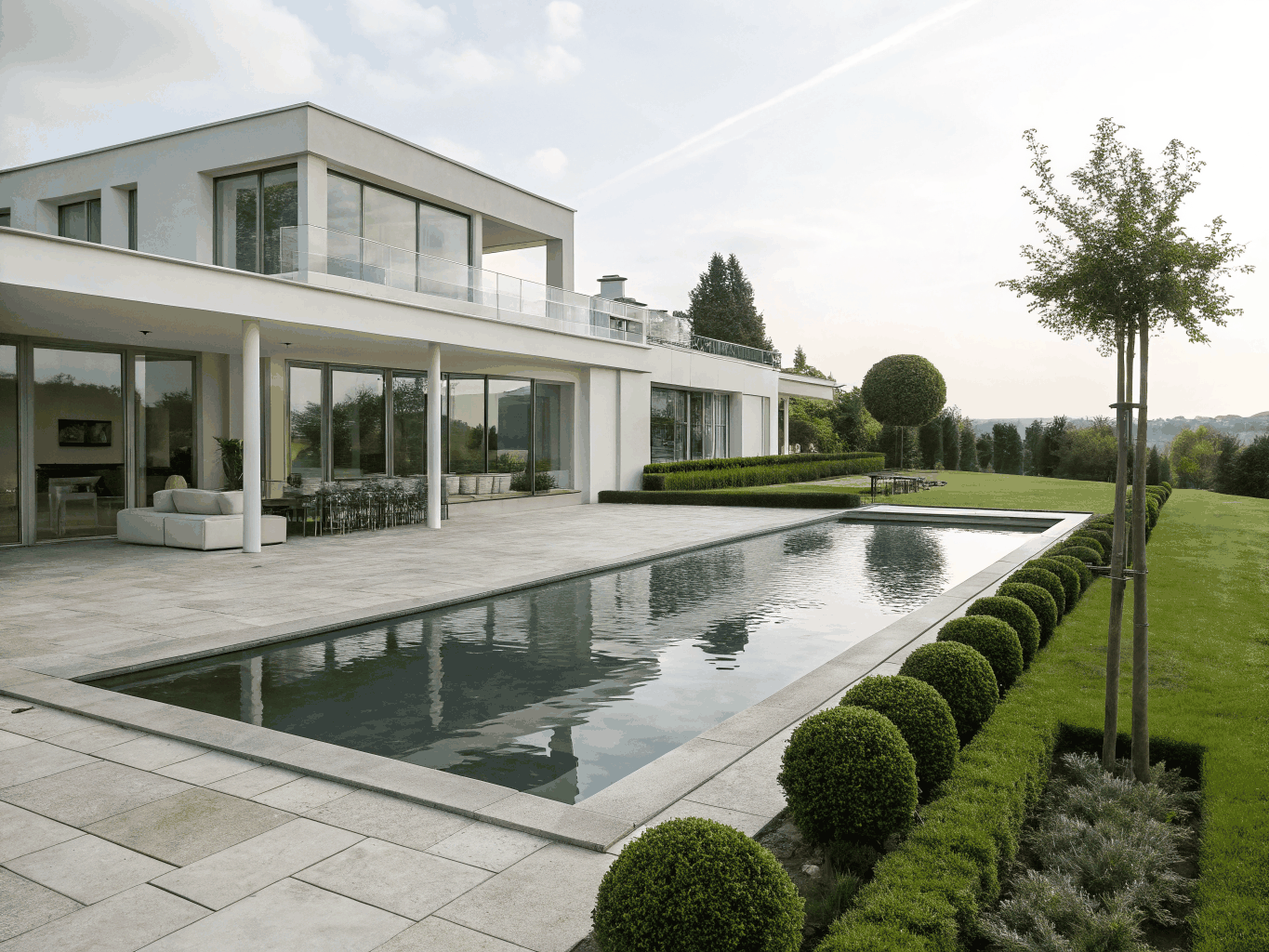Modern luxury estate architecture overlooking a serene landscape